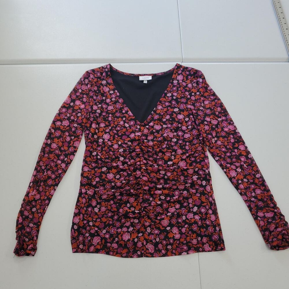 Fairy Grunge Shirt Womens Small Black Floral Mesh Ruched V Neck Long Sleeve